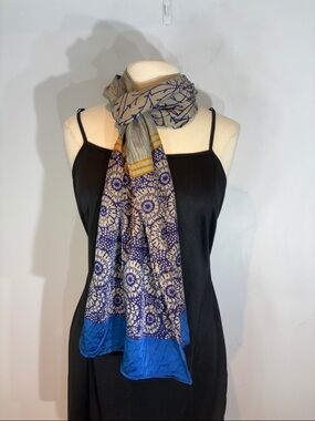 Harshita 100% Silk Scarf Blue Gold Boho Floral Lightweight Wrap